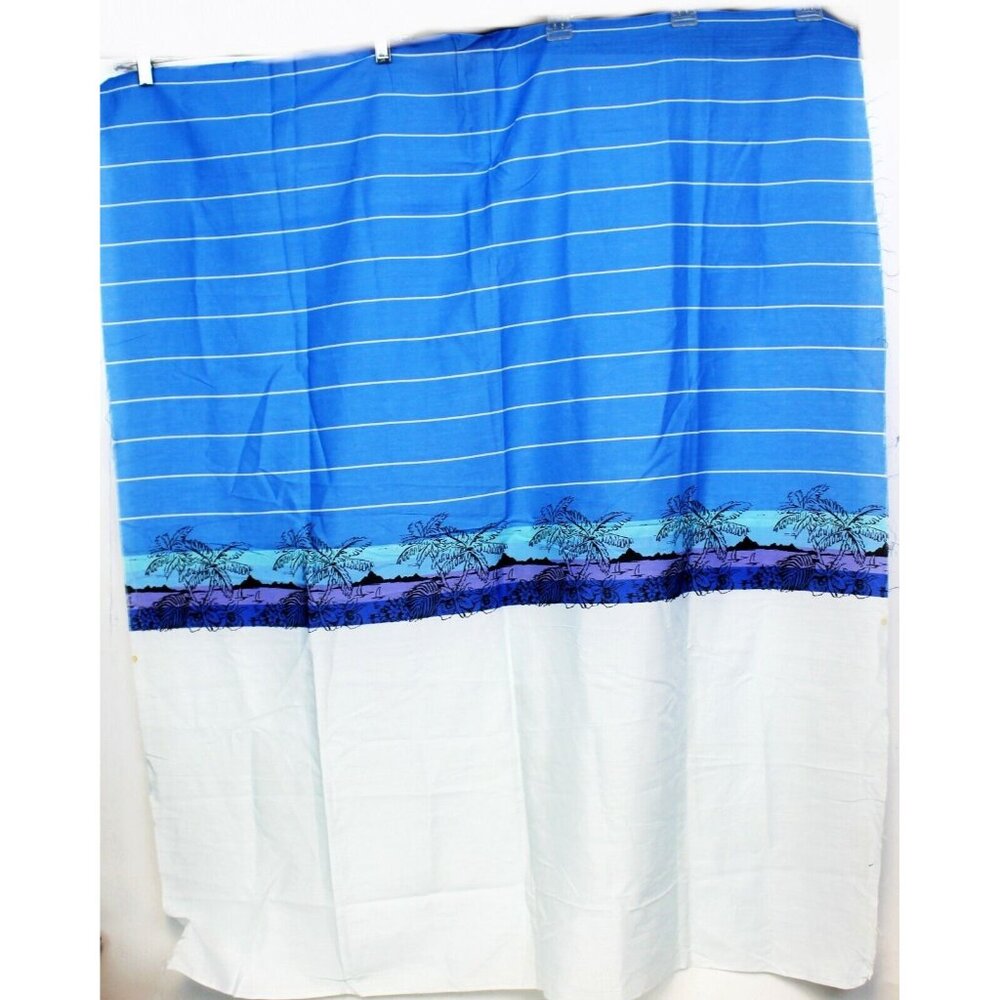 1 yd Vtg 1980s Blue Striped Cotton Fabric Beach Island Flowers Boats Purple 45"